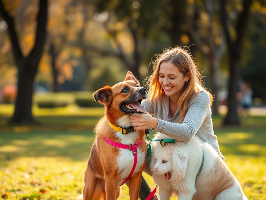 A loving person "training a happy dog" in a "sunlit park," showing "calm body language," with "colorful training tools," and "warm, supportive atmosphere."