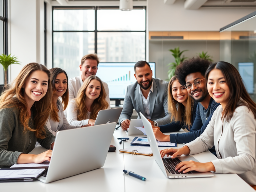 "a diverse group of happy professionals" "working together at a modern office" "laptops and notebooks open" "charts and SEO graphs on screens" "bright, natural lighting" "friendly, collaborative atmosphere"