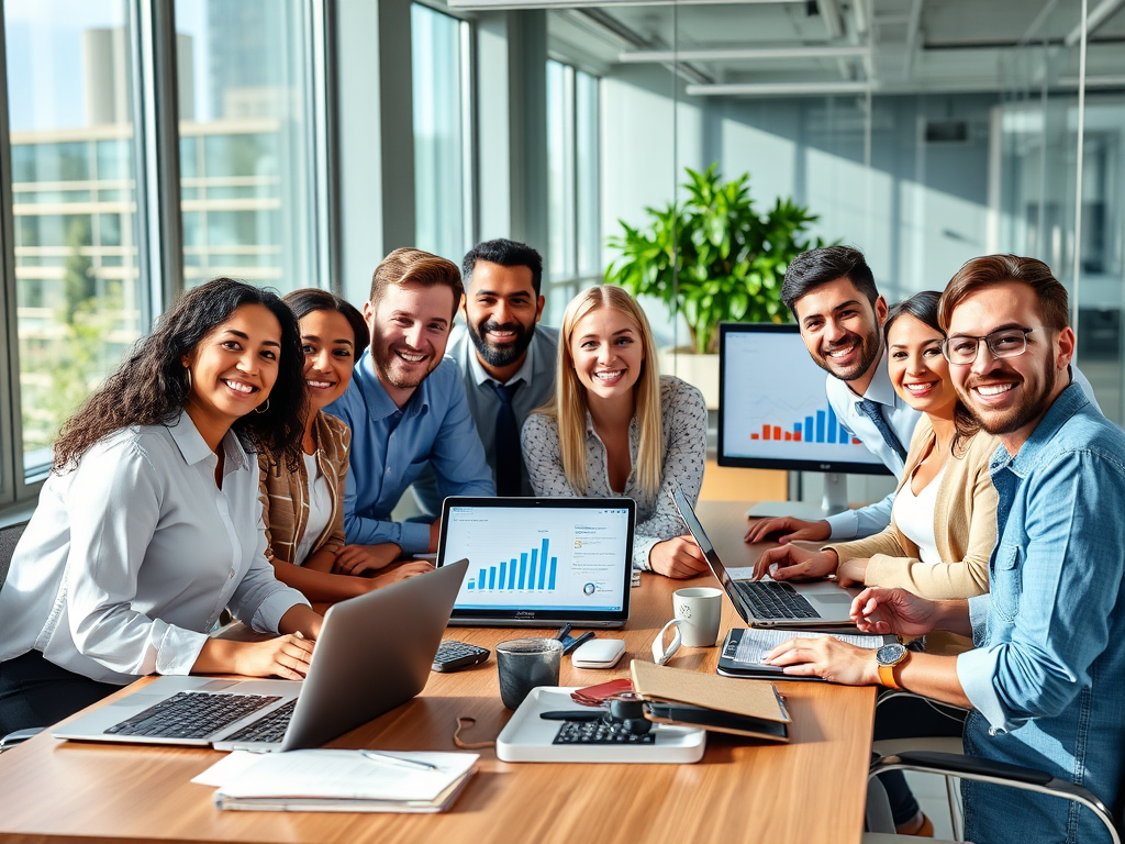 "a diverse group of happy professionals" "working together at a modern office" "laptops and notebooks open" "charts and SEO graphs on screens" "bright, natural lighting" "friendly, collaborative atmosphere"