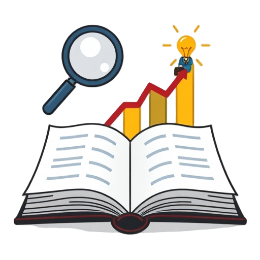 "open book" "magnifying glass" "rising graph" "light bulb" "person with briefcase" "speech bubble"