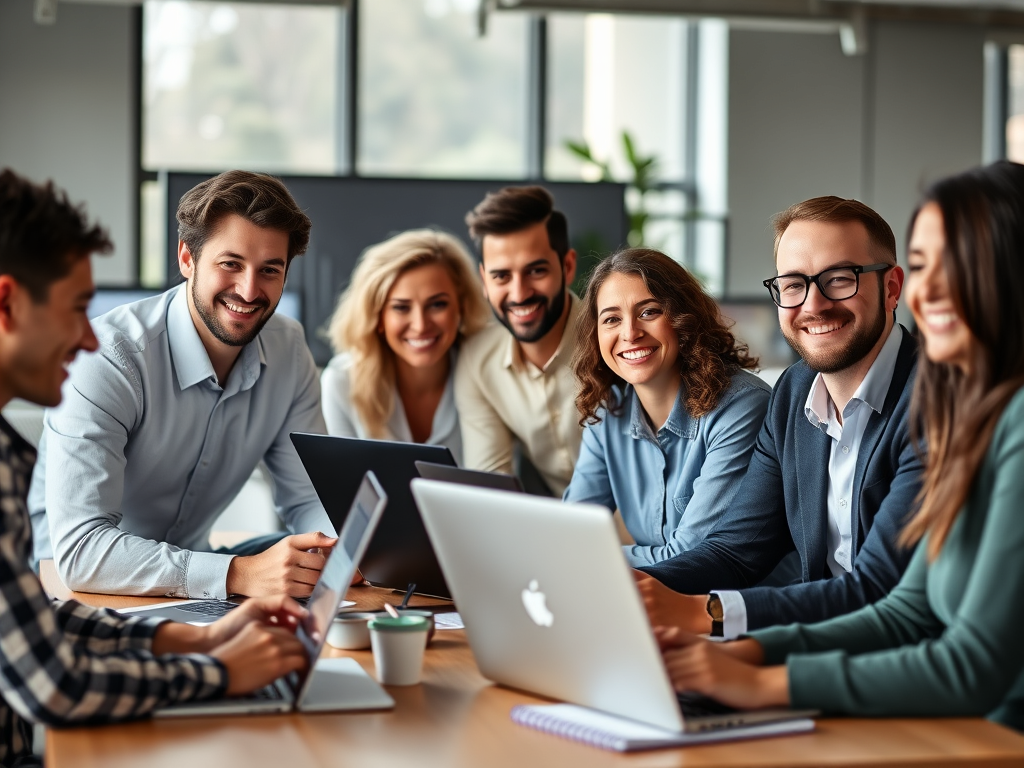 "a diverse group of happy professionals" "working together at a modern office" "laptops and notebooks open" "charts and SEO graphs on screens" "bright, natural lighting" "friendly, collaborative atmosphere"