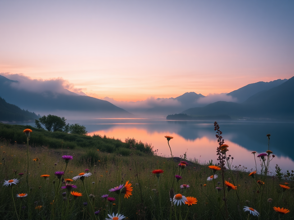 Rustig landschap bij zonsopgang met bloemen en meer.