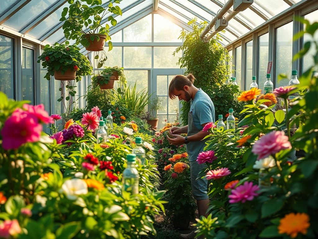 Een levendige kas vol weelderige planten en bloemen.