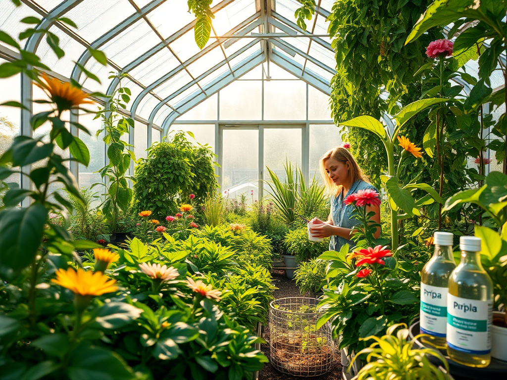 Een tuinier in een groene kas vol planten.