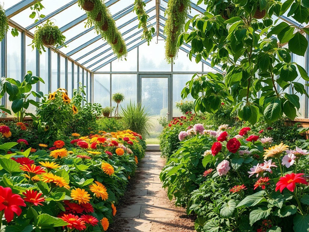 Een levendige kas vol met kleurrijke bloemen en planten.