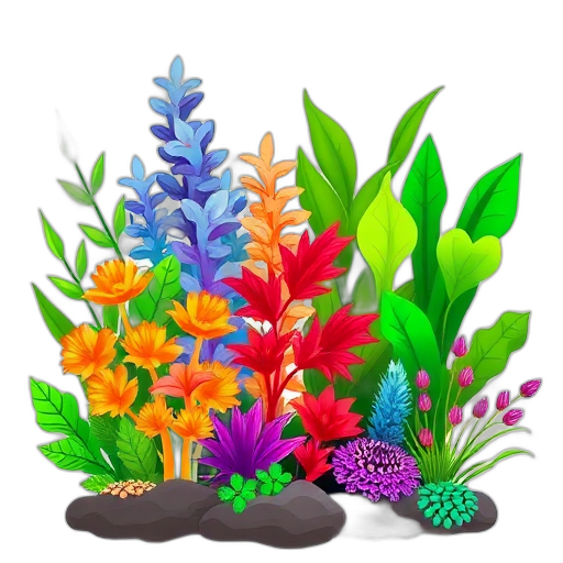 Kleurrijke aquariumplanten met weelderig groen loof.