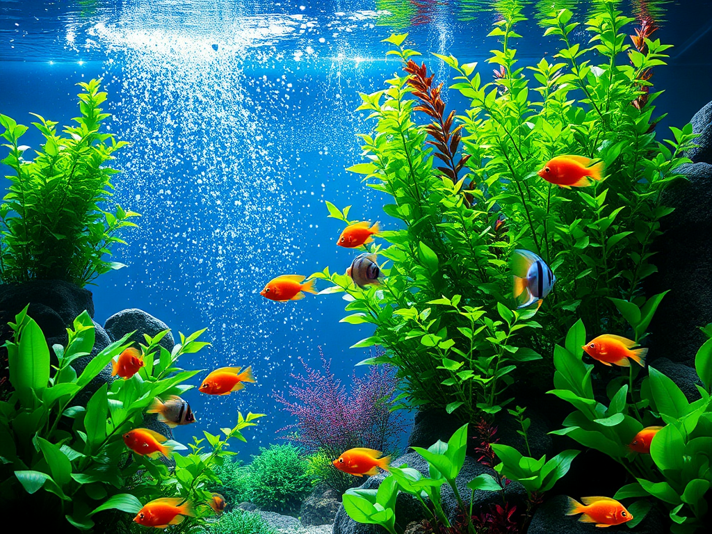 Een levendig aquarium met groene planten en kleurrijke vissen.