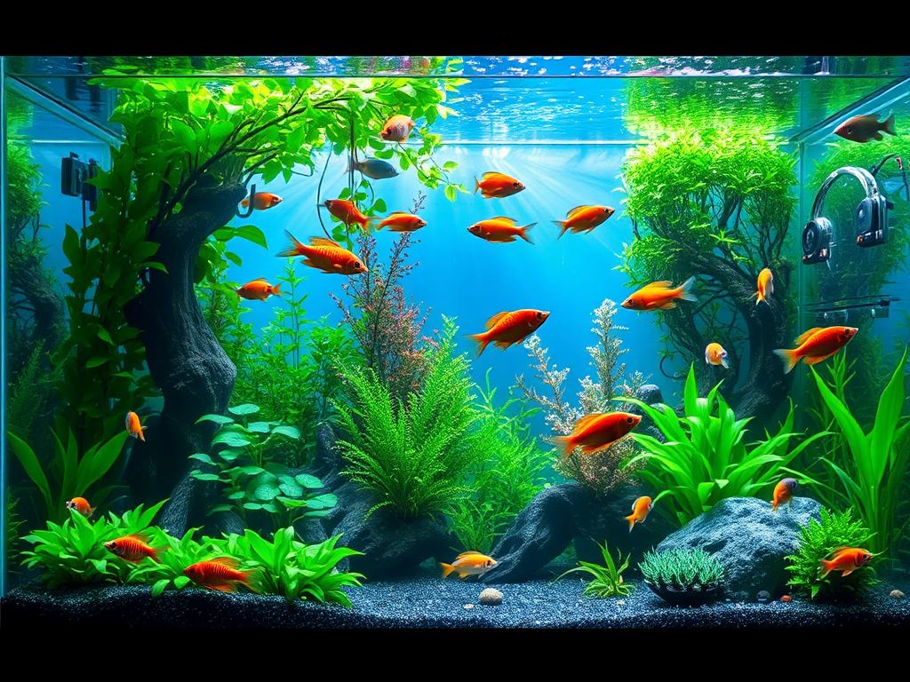 Kleurrijk aquarium met vis en groene planten.