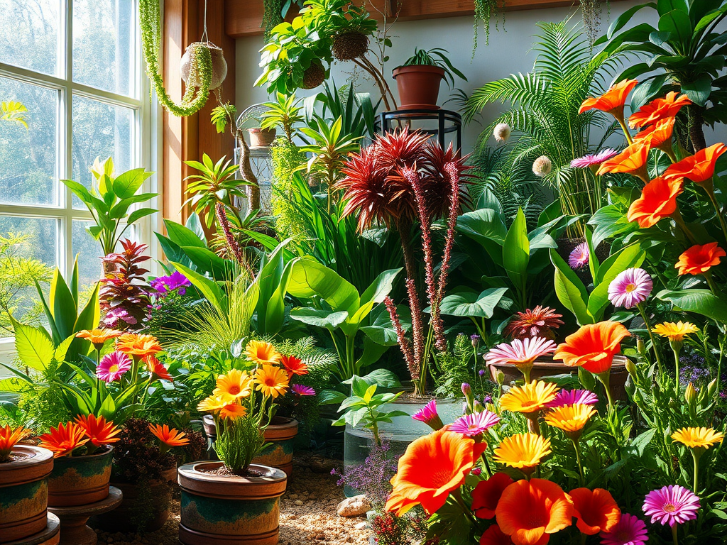 Een levendige binnen tuin vol diverse planten en bloemen.