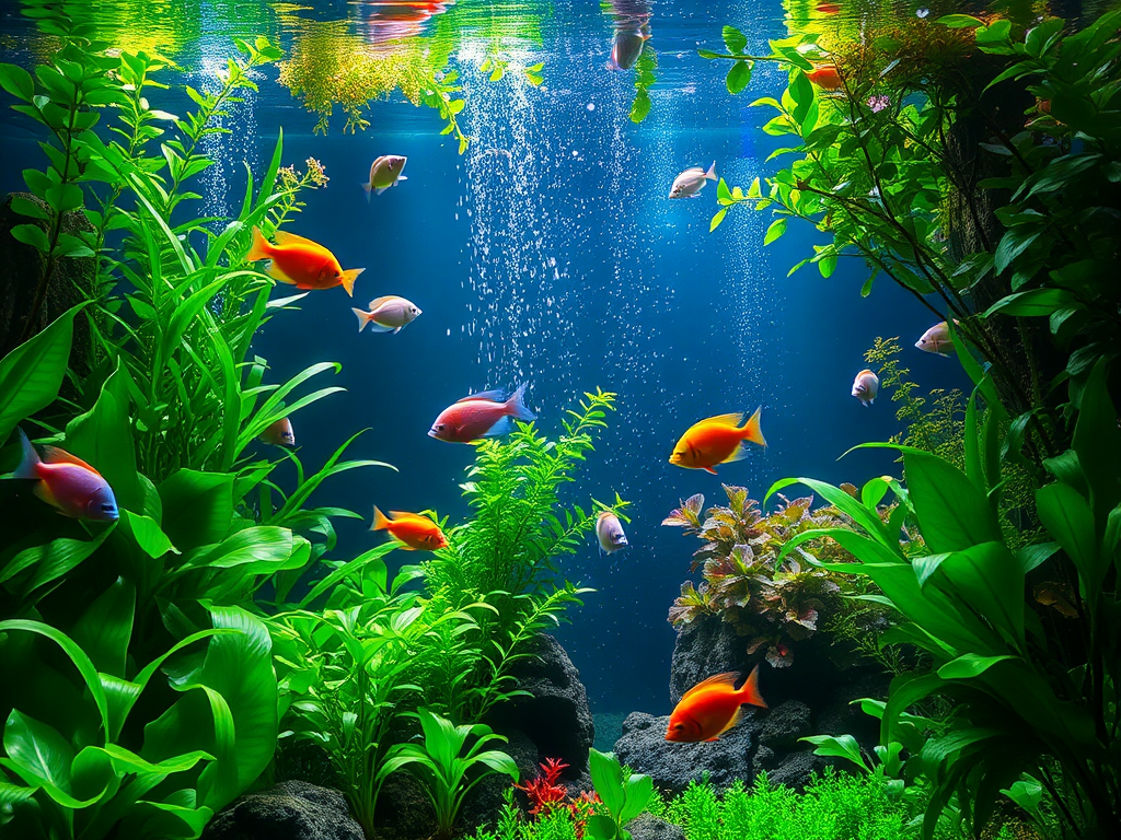 Een levendig aquarium met groene planten en kleurrijke vissen.