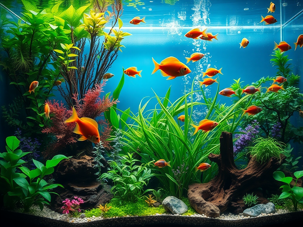 Een levendig aquarium met kleurrijke vissen en planten.