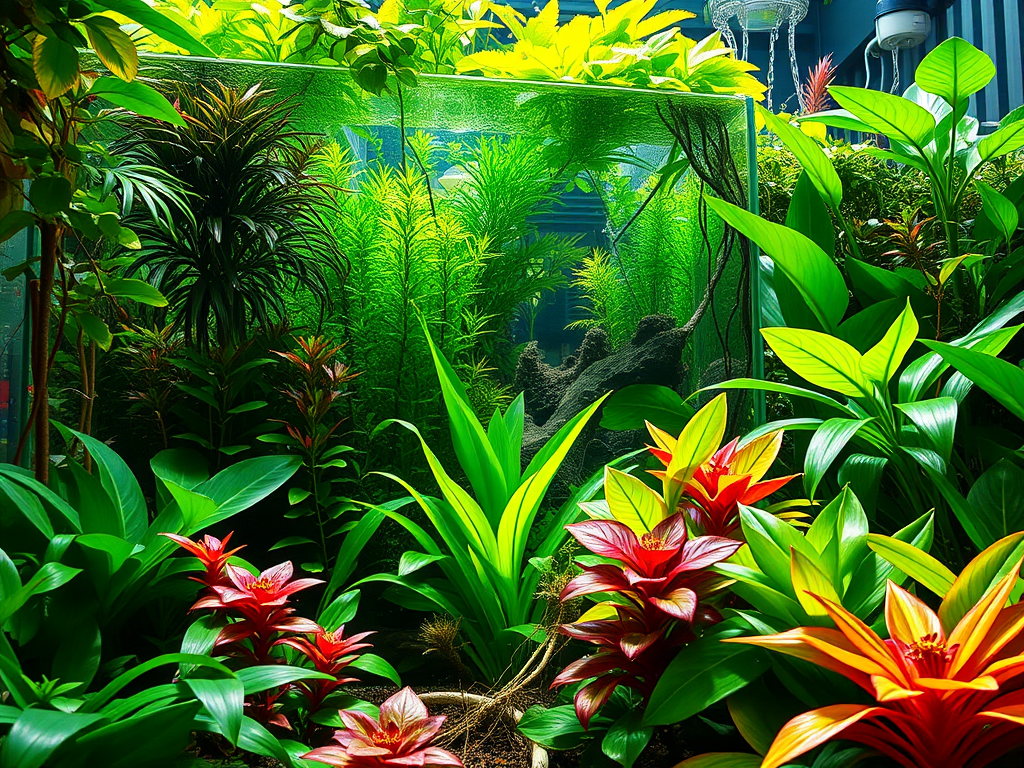 Een levendige binnentuin met groene aquariums en planten.