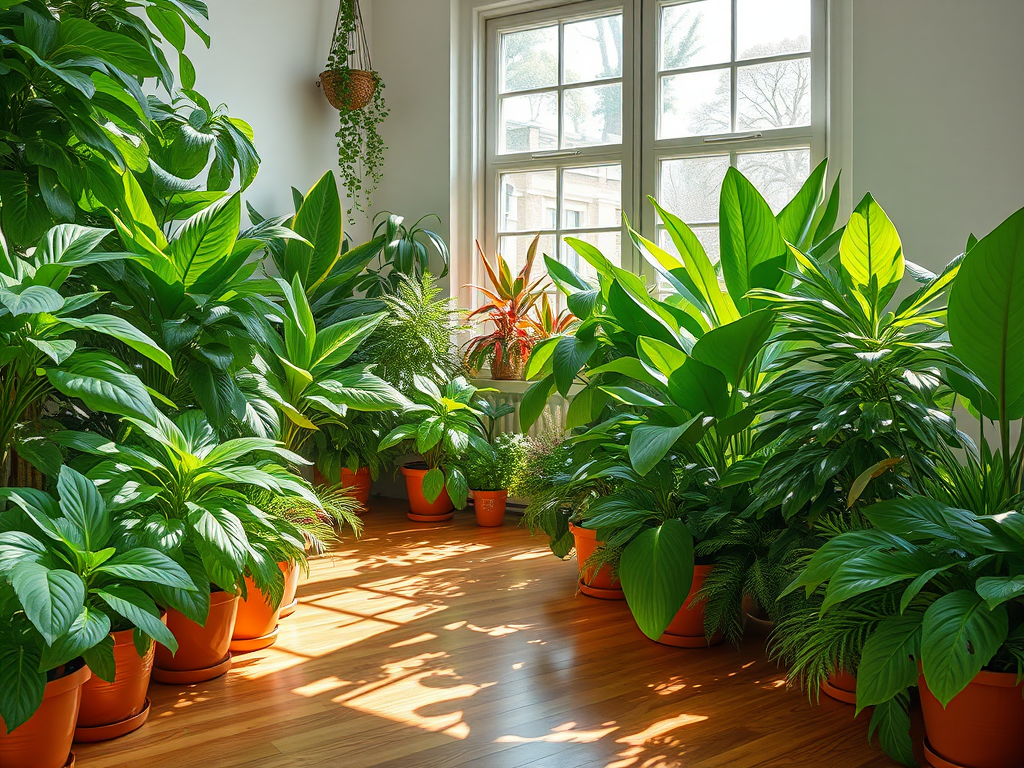 Een levendige binnen tuin met groene planten en zonlicht.