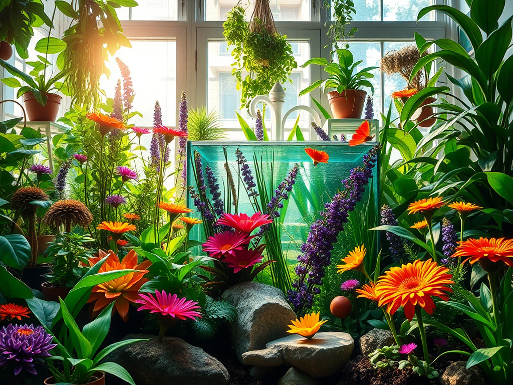 Een levendige binnentuin met diverse planten en bloemen.