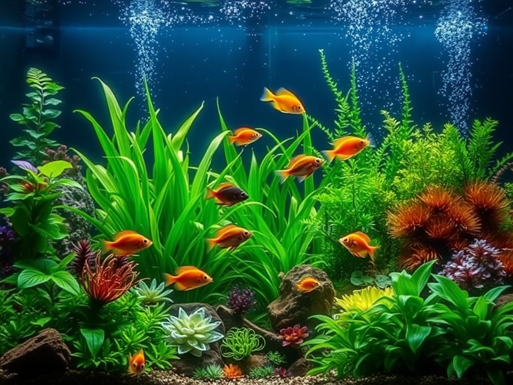 Een levendig aquarium met groene planten en kleurrijke vissen.