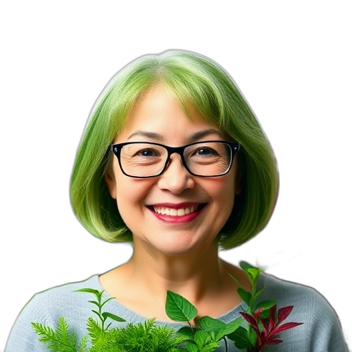 Een glimlachende persoon met groene haren en planten.