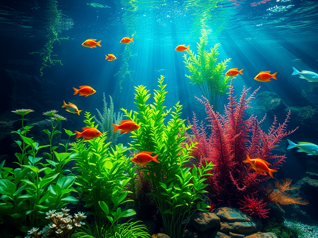Een levendige onderwaterwereld met kleurrijke vissen en planten.