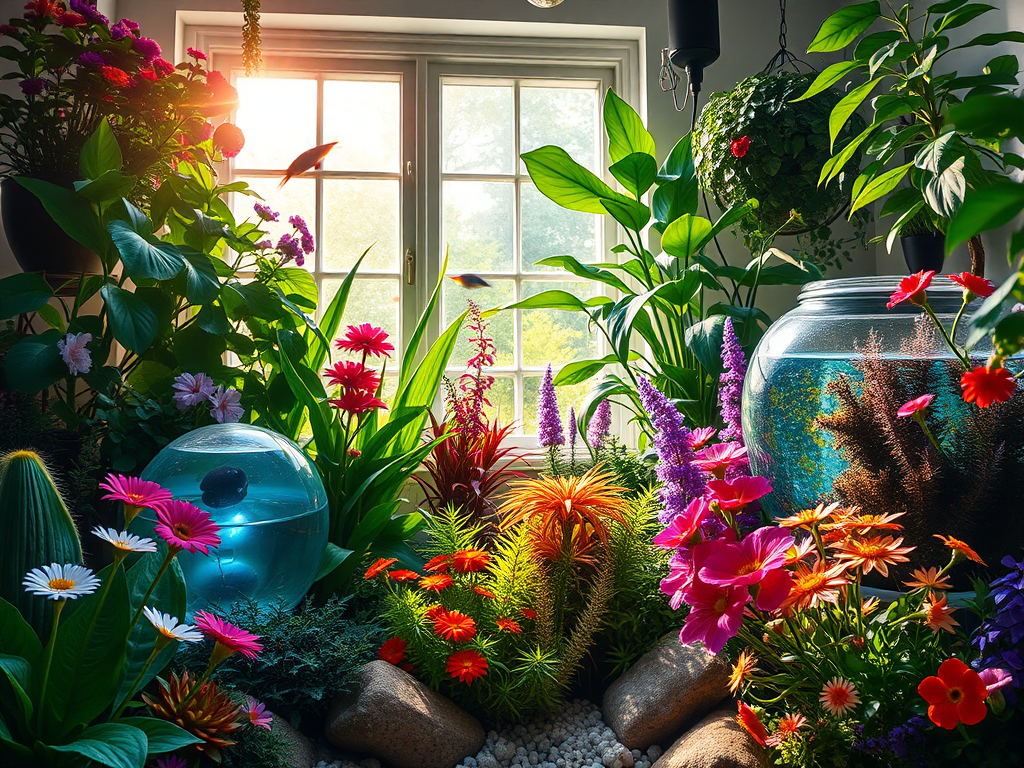 Een weelderige binnen tuin met kleurrijke planten en bloemen.