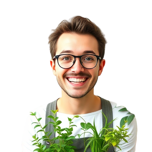 Een lachende persoon met planten voor zich.