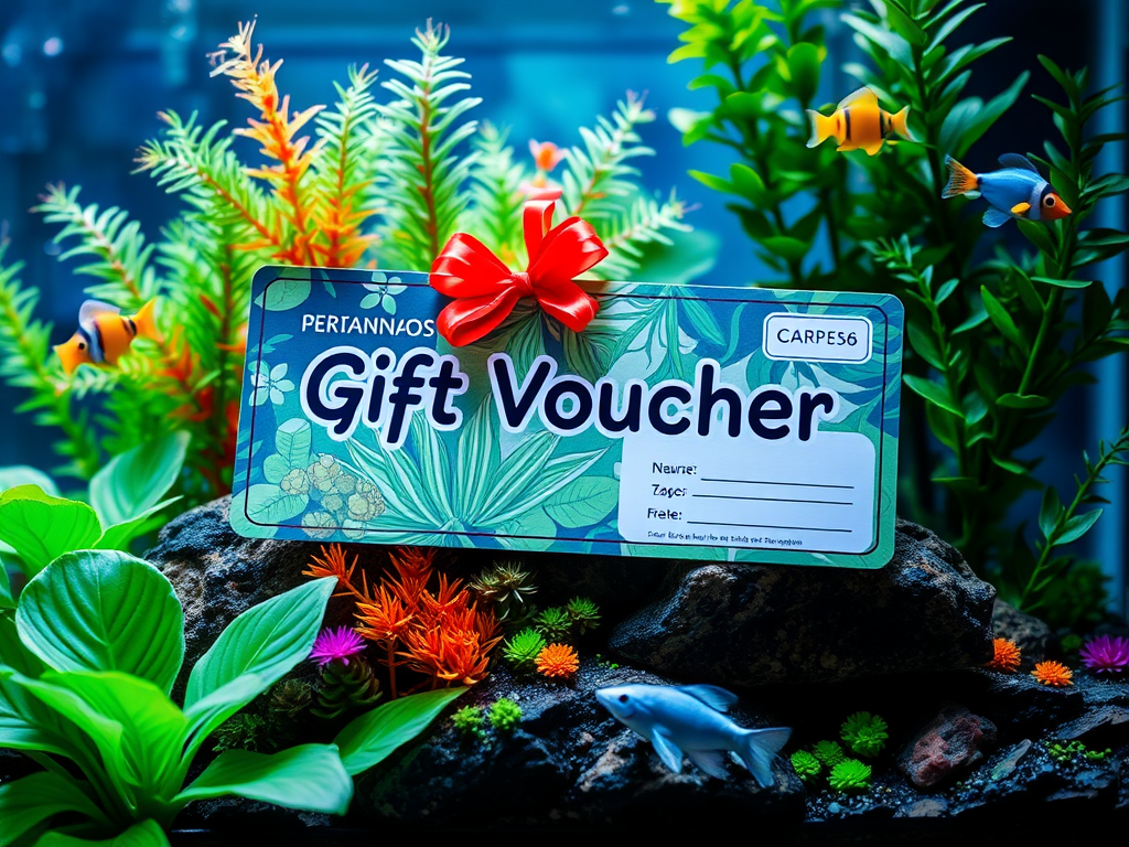 Een cadeaubon omringd door groene planten en aquariumdecoraties.