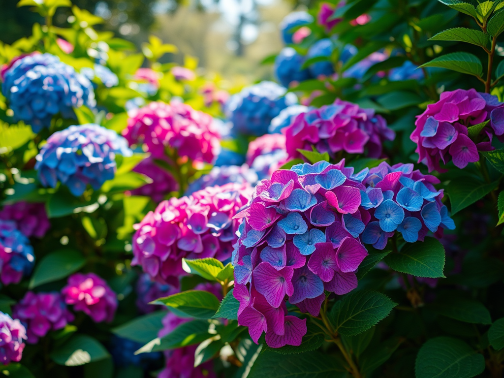 Een weelderige tuin met kleurrijke hortensia's.