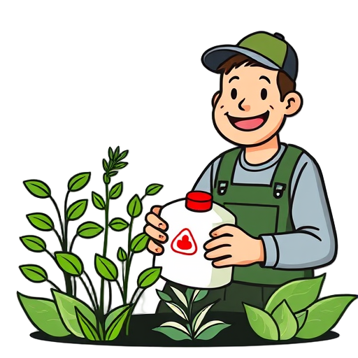 Blije tuinier met een mestfles en groene planten.