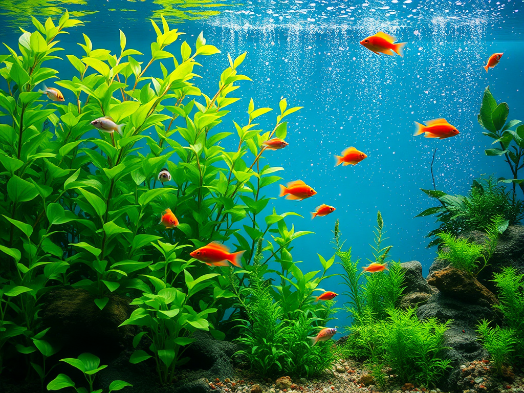 Een levendig aquarium met groene planten en kleurrijke vissen.