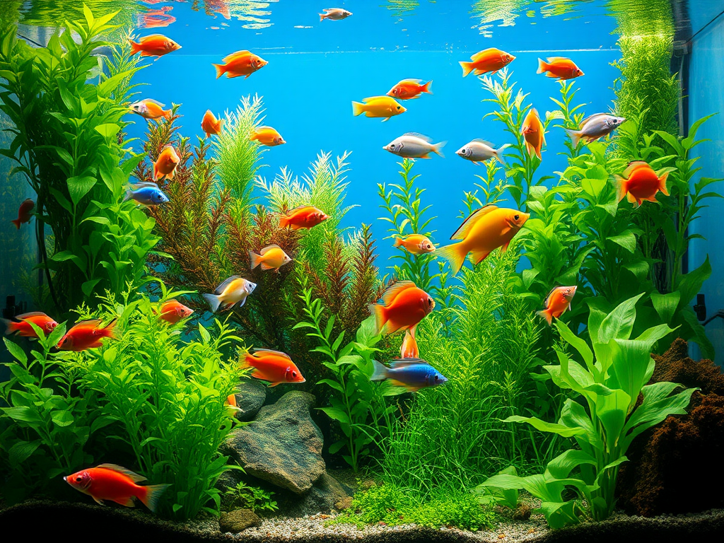 Een levendig aquarium met kleurrijke vissen en groene planten.
