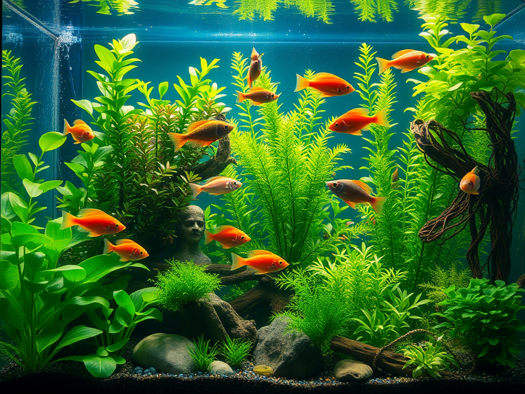 Een levendig aquarium met groene planten en kleurrijke vissen.