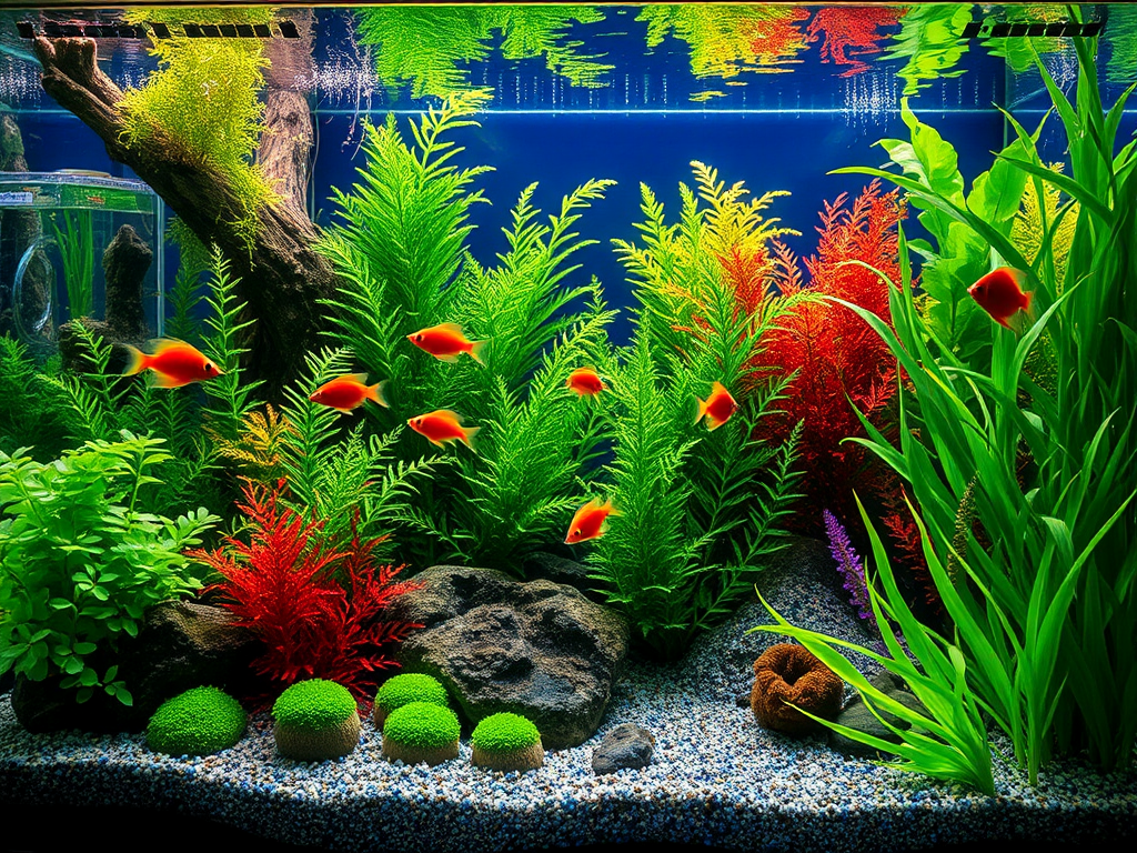Een levendig aquarium met kleurrijke vissen en groene planten.