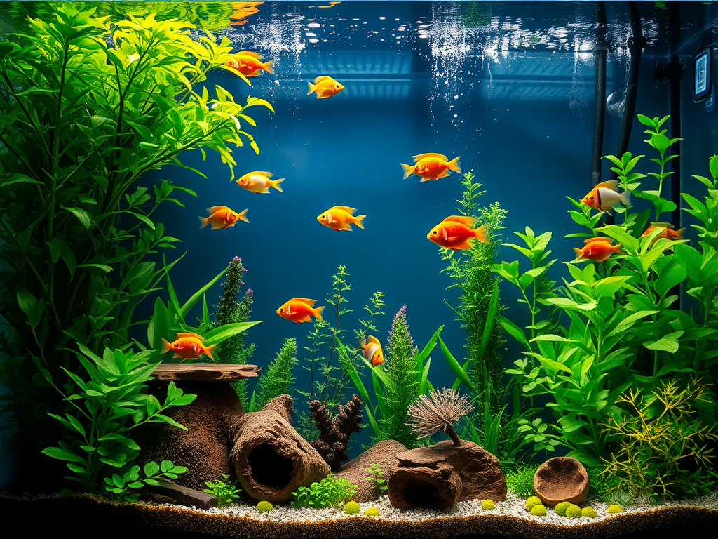 Een levendig aquarium met kleurrijke vissen en groene planten.