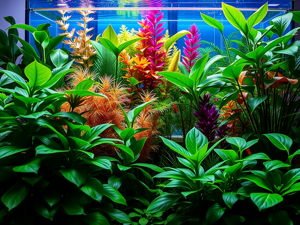 Een levendige binnentuin met groene planten en een aquarium.