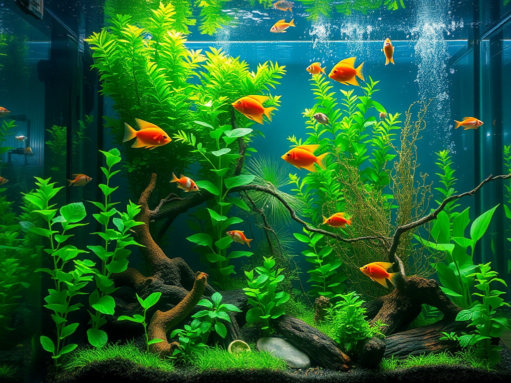 Een levendig aquarium met groene planten en kleurrijke vissen.