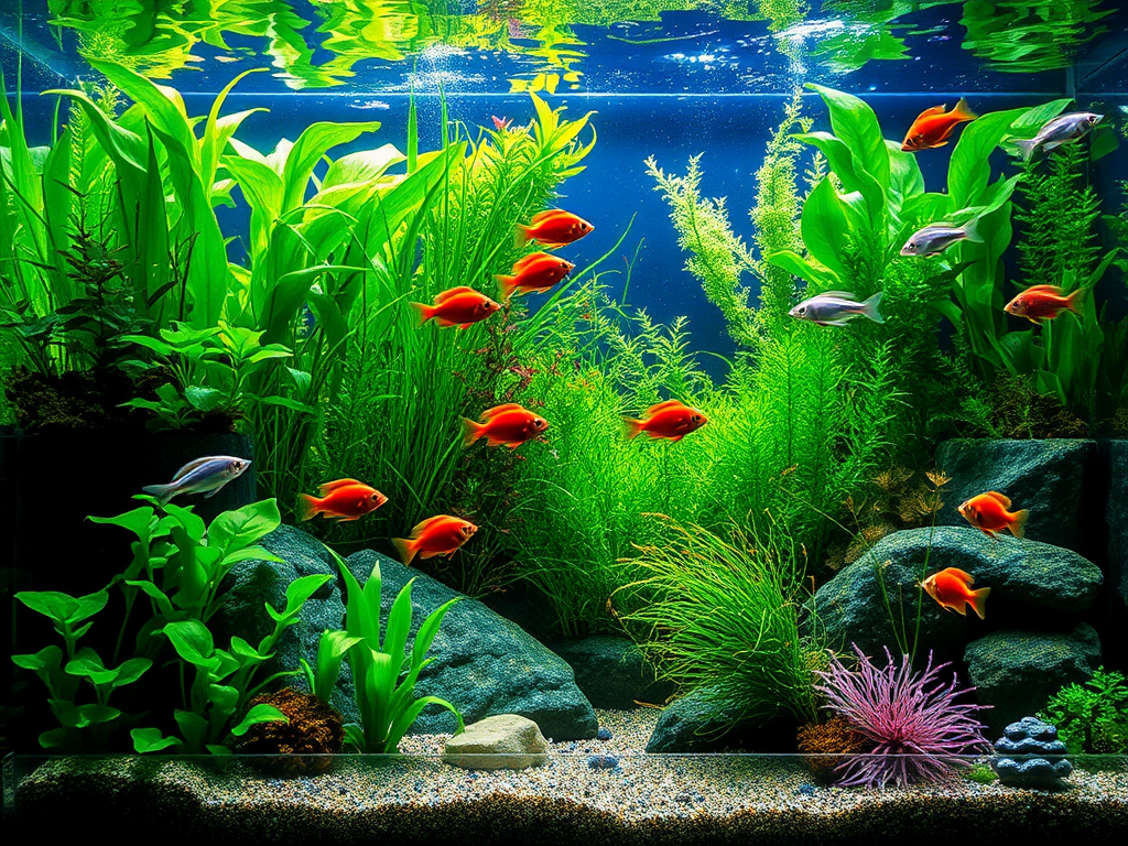 Een levendig aquarium met groene planten en kleurrijke vissen.