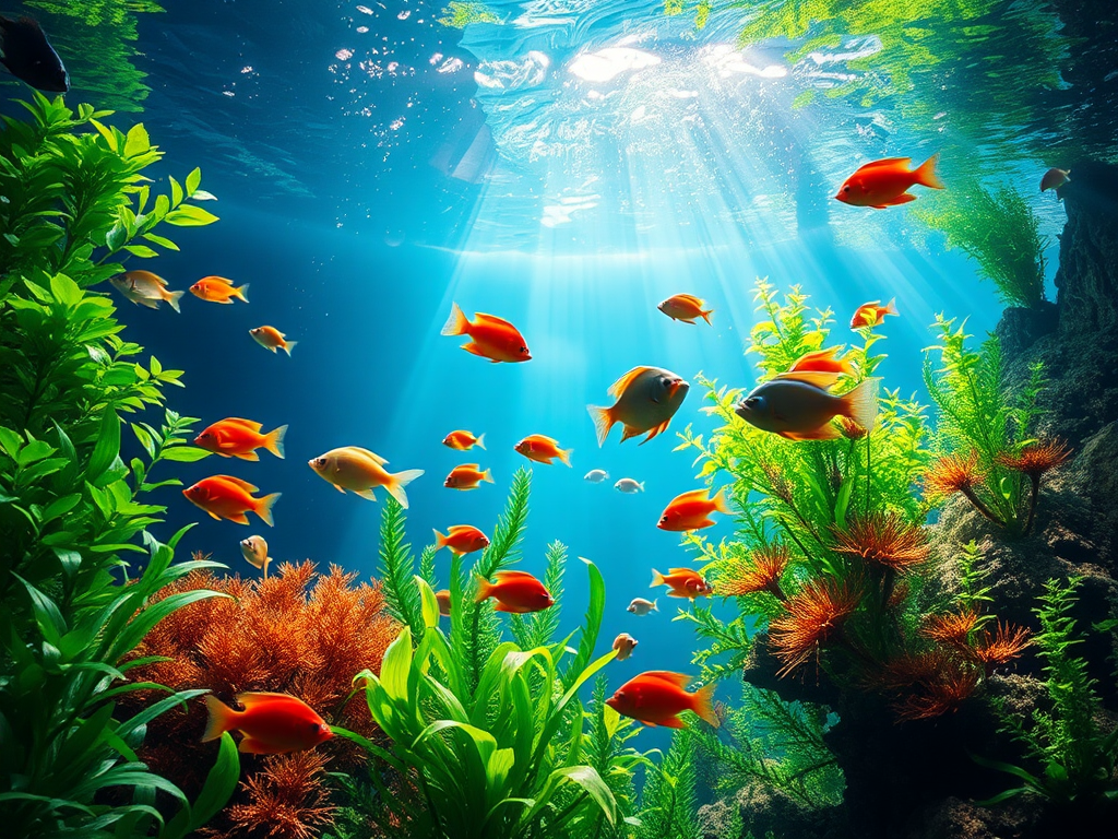 Een levendige onderwaterscene met kleurrijke vissen en planten.