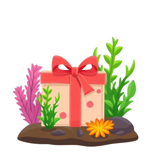 Kleurvolle cadeaubon omringd door planten en bloemen.
