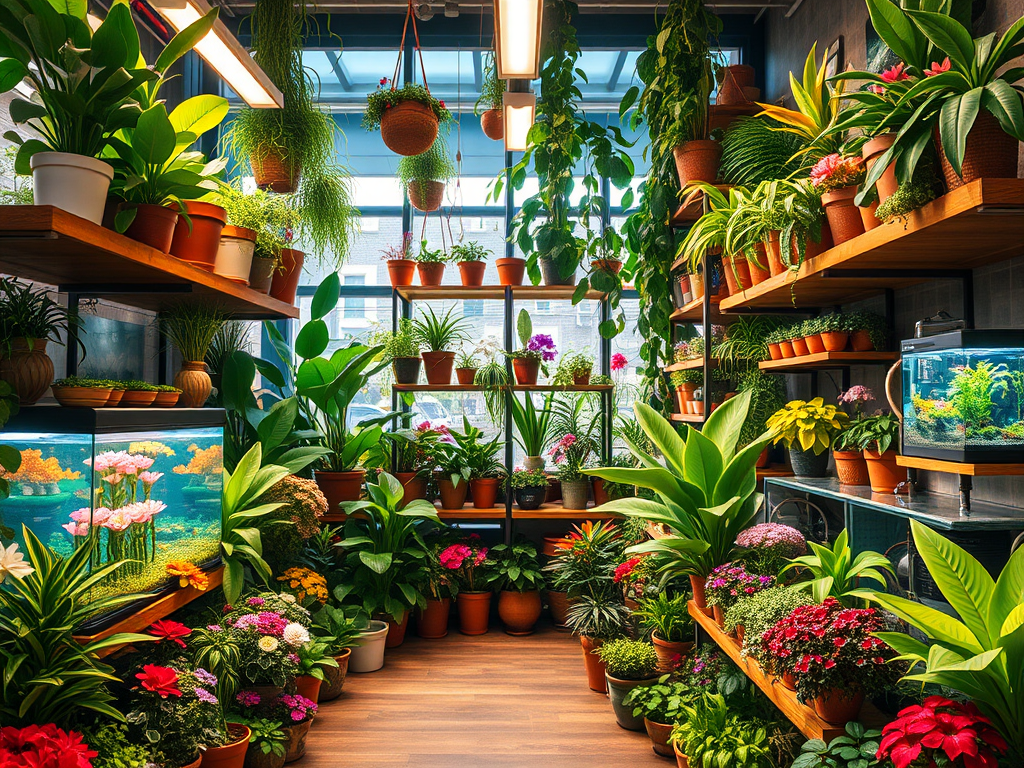 Een levendige plantenshop vol groene planten en bloemen.