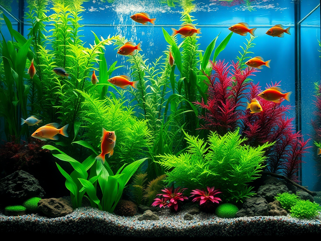 Een levendig aquarium met planten en kleurrijke vissen.