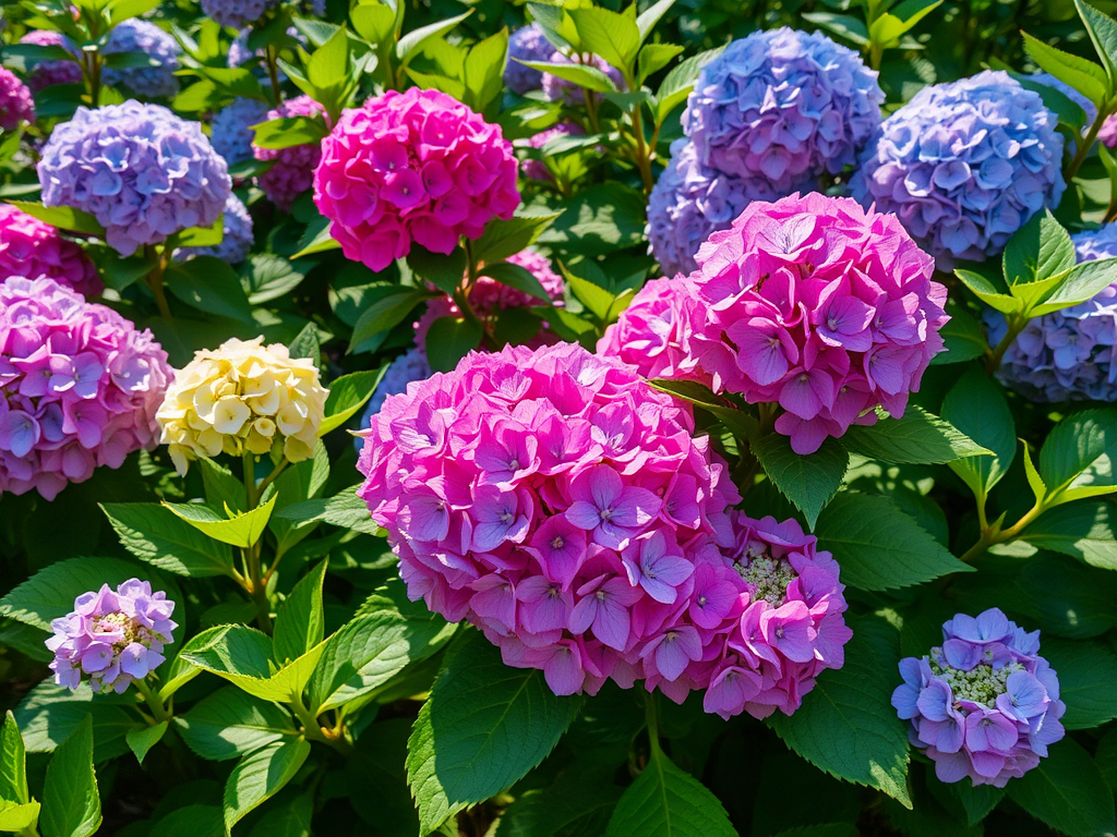 Een levendige tuin met kleurrijke hortensia's.
