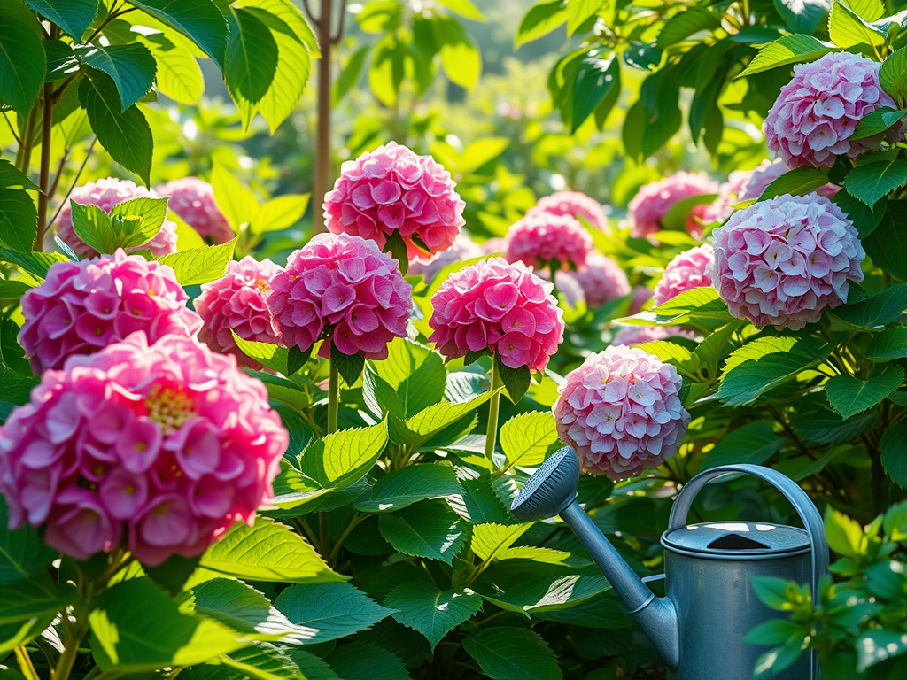 Een kleurrijke tuin met bloeiende hortensia's en een gietkan.