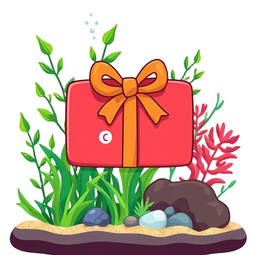 Cadeaubon tussen groene planten en aquariumdecoraties.