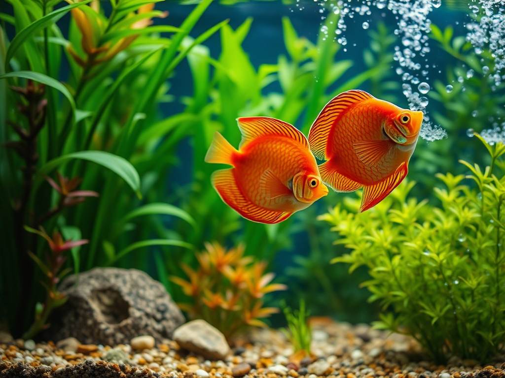 Kleurrijke discusvissen zwemmen tussen weelderige aquariumplanten.