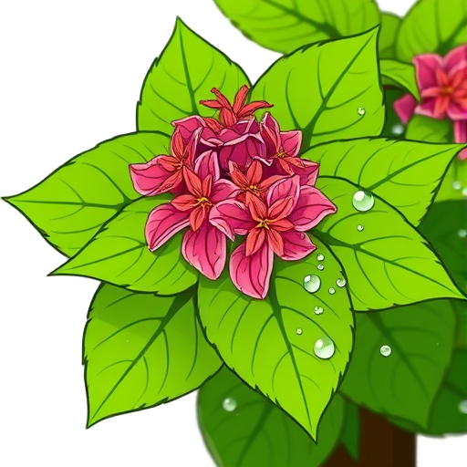 Vibrante hortensia bloeit met groene bladeren en waterdruppels.