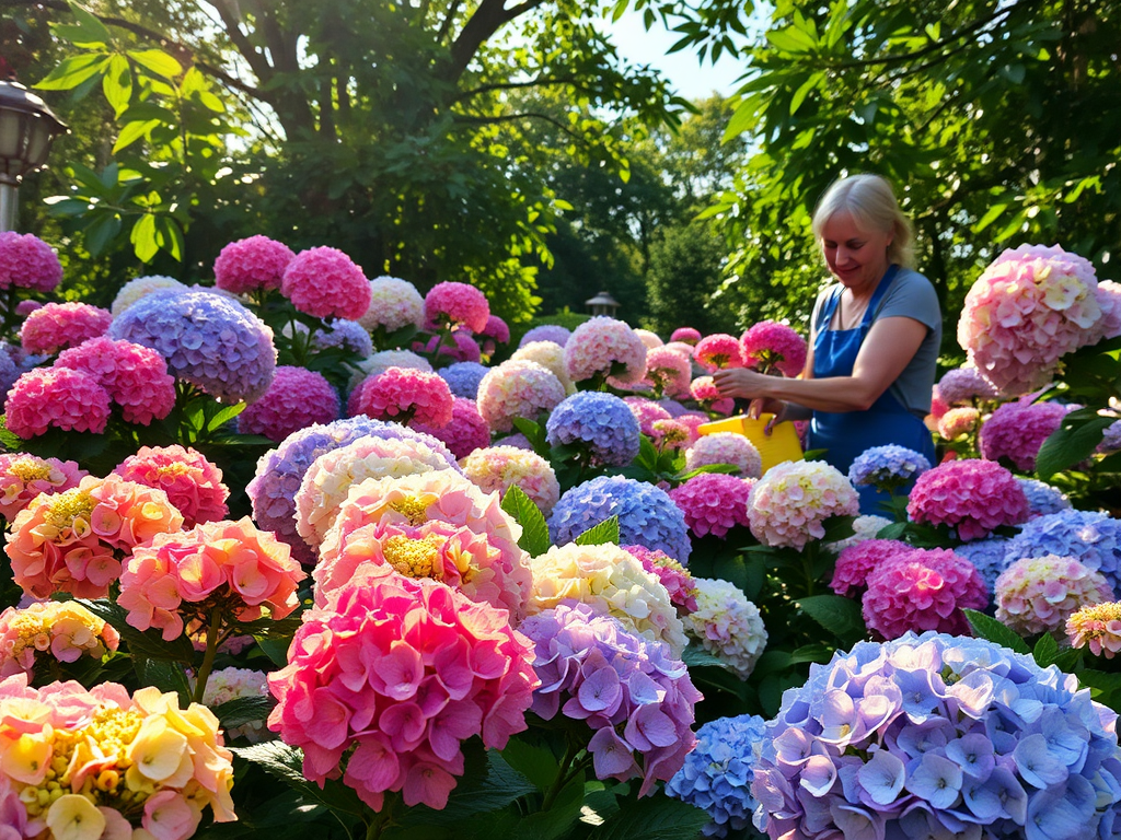 Een kleurrijke tuin met bloeiende hortensia's en een tuinier.