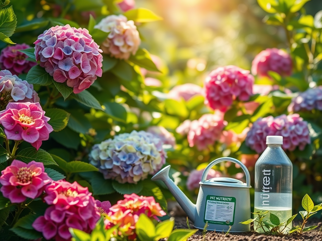 Een levendige tuin met bloeiende hortensia's en een gieter.