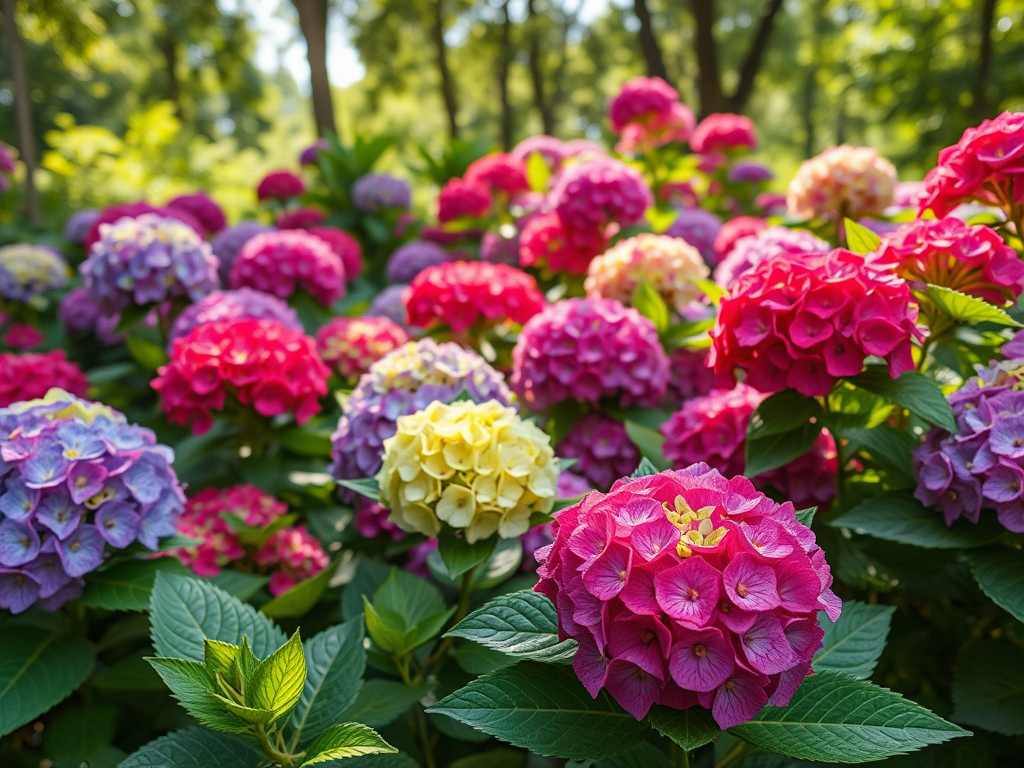 Een kleurrijke tuin met bloeiende hortensia's.