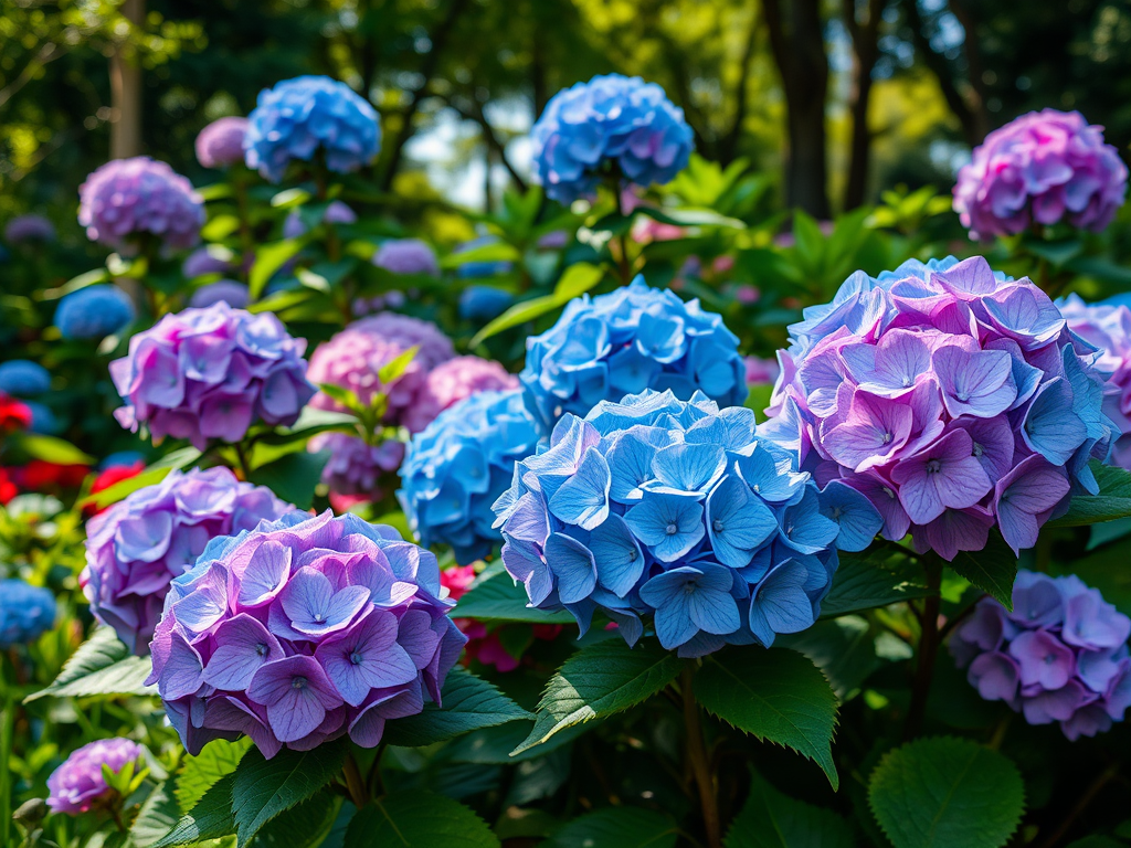 Een kleurrijke tuin met bloeiende hortensia's in blauw en roze.