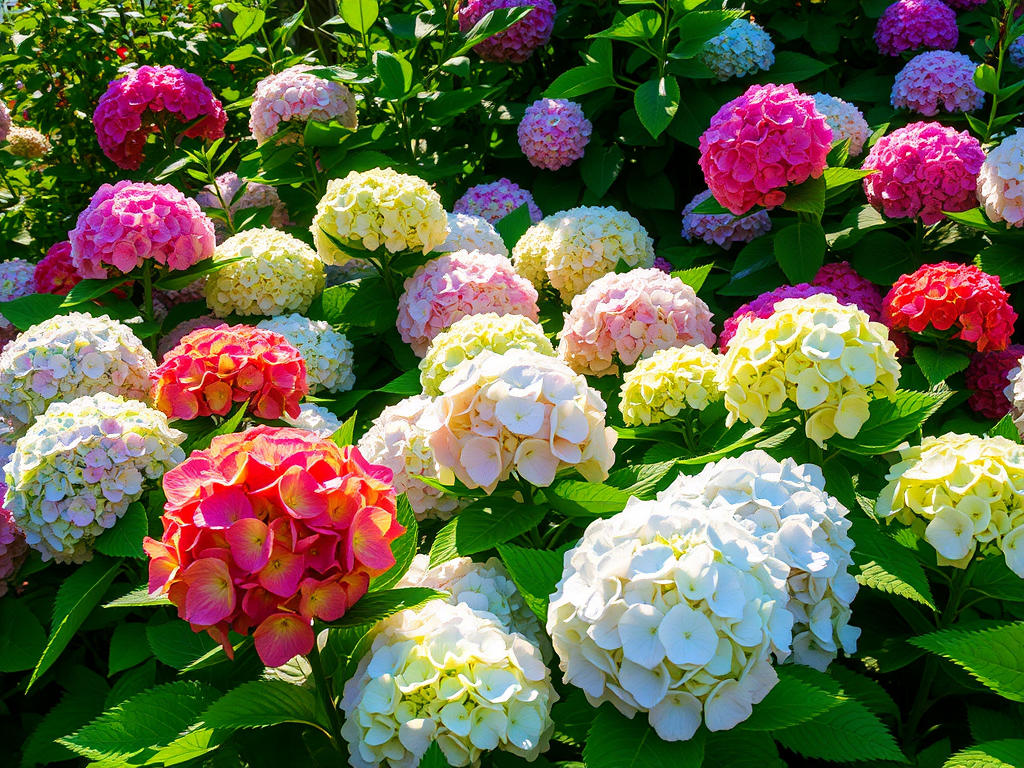 Een kleurrijke tuin vol bloeiende hortensia's.