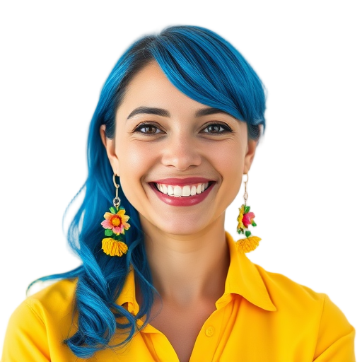 Een glimlachende persoon met blauw haar en gele blouse.