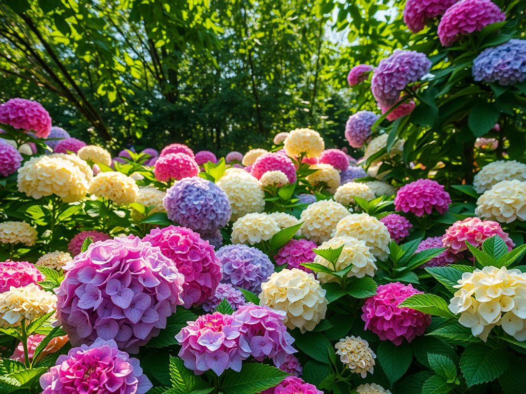 Een levendige tuin met bloeiende hortensia's in verschillende kleuren.